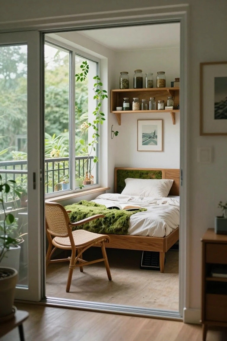 Bedroom with oak bed featuring moss-covered headboard, white bedding, green moss throw on rattan chair, open sliding glass doors to balcony, wooden shelves with jars and plants, view of trees outside.