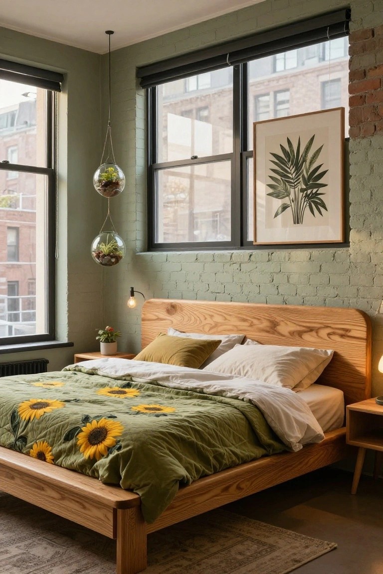 Bedroom interior showing a light oak platform bed with curved headboard, topped by green sunflower-patterned quilt and white pillows, wooden nightstands with plants, two hanging glass terrariums with succulents, sage green exposed brick wall, large black-framed windows with blinds partially open to brick buildings outside, and a large palm leaf artwork.