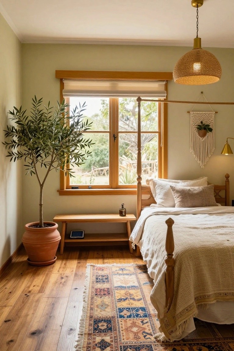 Bedroom with pale green walls, large potted olive tree by wooden window overlooking trees and garden, wooden bed with white bedding, bench with vase, rattan pendant light, macrame wall hanging, and patterned rug on hardwood floor.