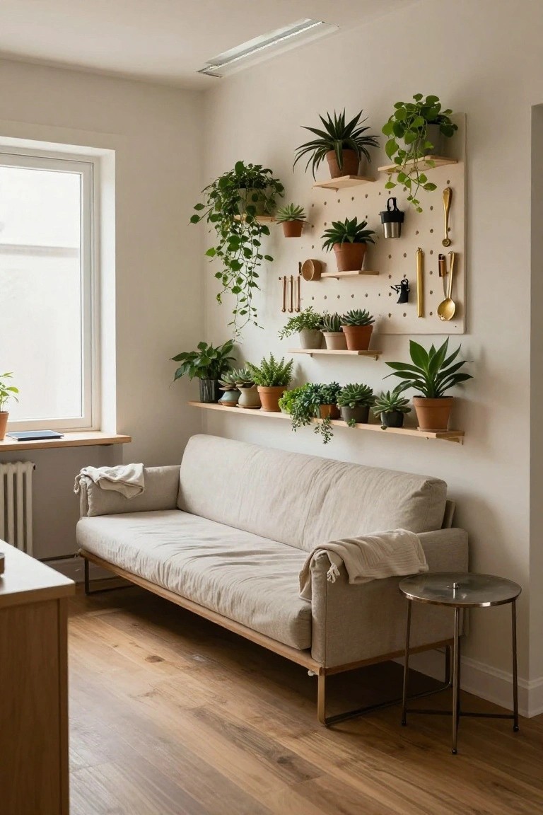 Light-filled indoor room with beige sofa bed on wooden floor, wooden kitchen counter, and a large pegboard wall panel displaying numerous potted plants including succulents, ferns, and trailing vines on shelves and hooks, plus hanging utensils.