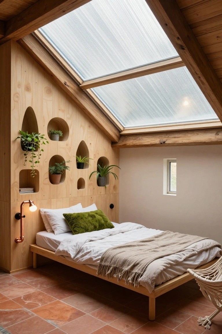 Bedroom with sloped plywood walls featuring organic-shaped niches holding potted plants, wooden bed frame with white sheets green pillows and beige throw, copper wall lamp, skylight overhead, terracotta tile floor, and rattan hanging chair.