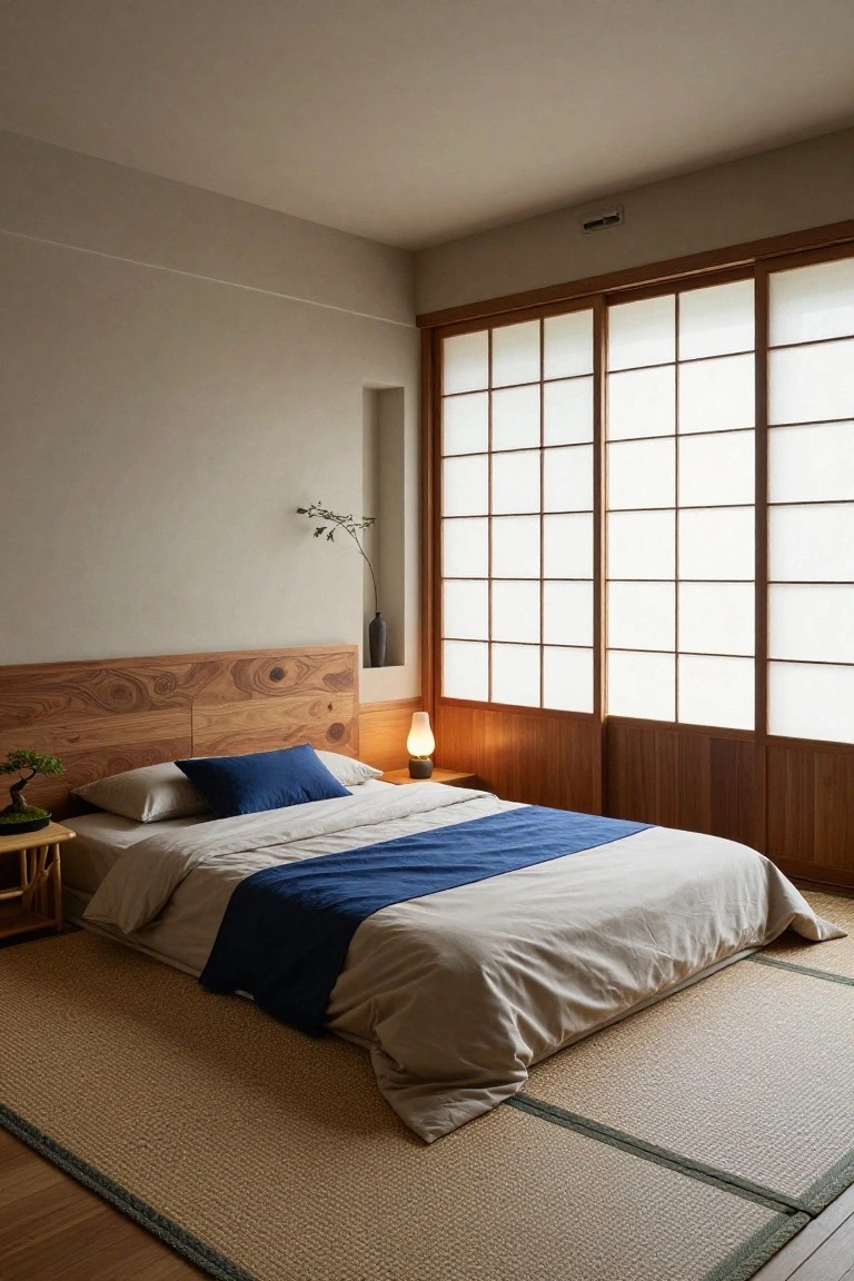 A minimalist bedroom interior with low wooden platform bed, blue and beige bedding, shoji screen windows, bonsai plant on bamboo side table, and tatami mat flooring.