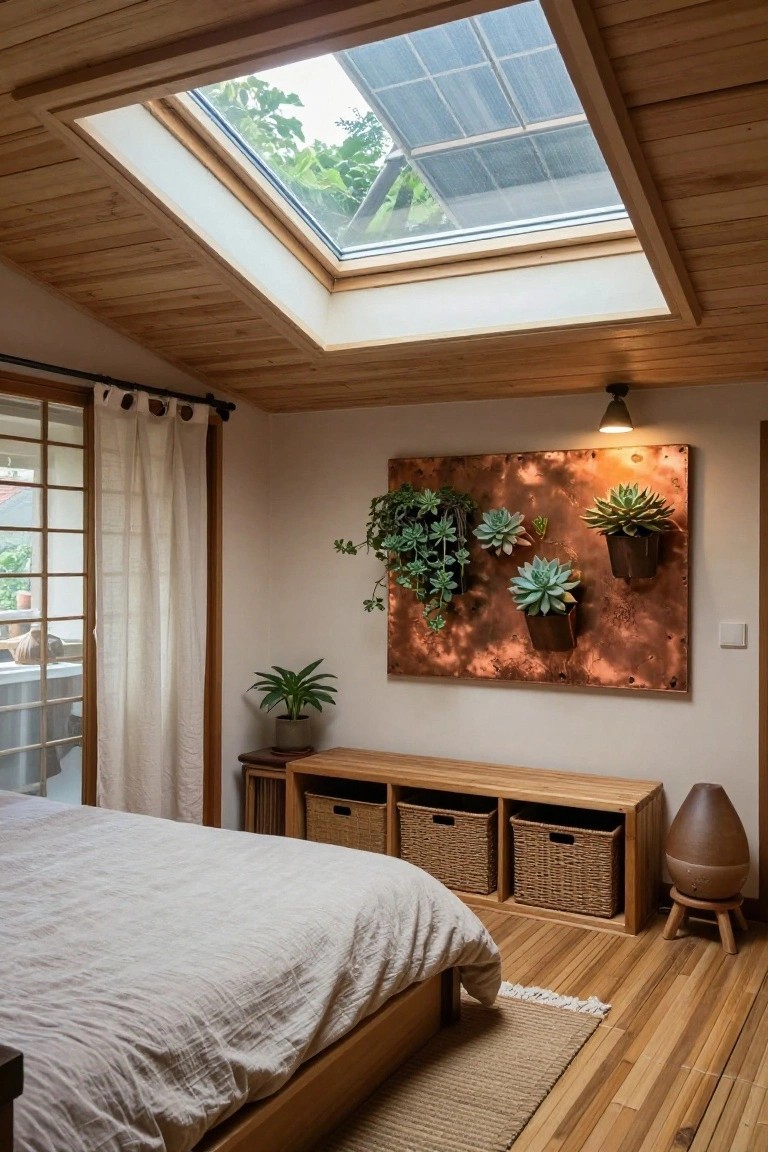 Bedroom with sloped wooden ceiling and large central skylight covered by solar panels, shoji sliding doors to outdoors, low platform bed, copper wall panel holding succulents, wooden bench with baskets, and potted plants.