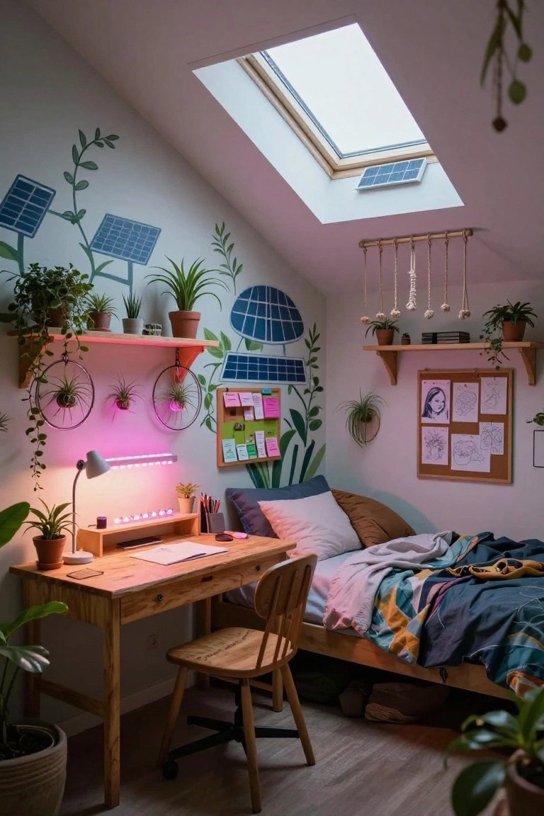 Attic bedroom with white sloped walls painted with blue solar panels integrated into green plant and vine motifs, multiple potted and hanging plants, wooden desk with desk lamp and papers, bed with colorful pillows and quilt, and pink LED grow lights.