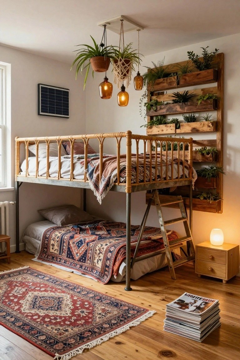 Bedroom with rattan-framed elevated bunk bed over lower mattress, tall wooden pallet-style vertical wall planter filled with various potted plants and greenery beside it, hanging pendant lights, macrame plant hangers, colorful woven rugs on wood floor, small wall-mounted solar panel, and bedside lamp.