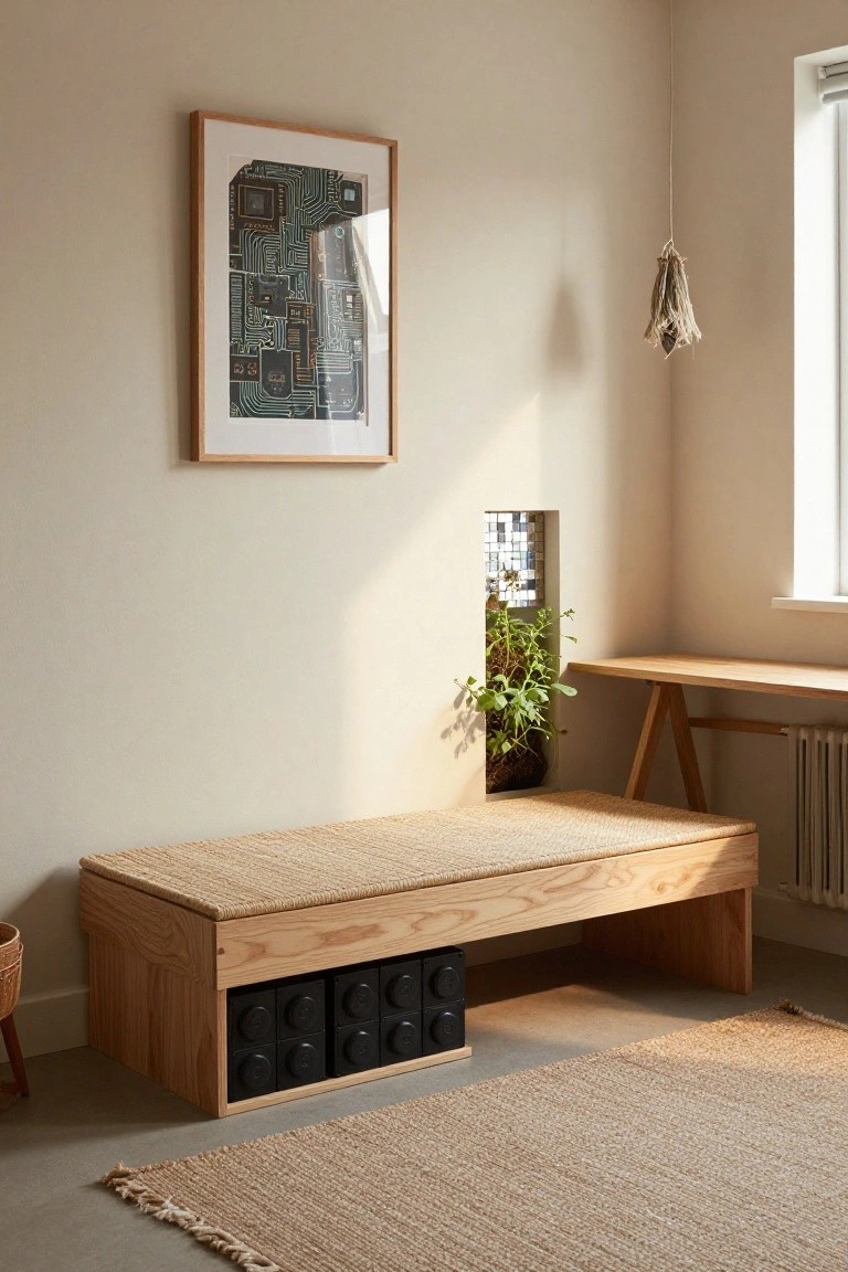Beige interior room corner featuring a low wooden bench with rattan seat top and black modular stackable blocks in open storage compartment underneath, next to a wooden desk, wall niche with plant and mosaic tiles, circuit board artwork, pendant light, and seagrass rug on floor.