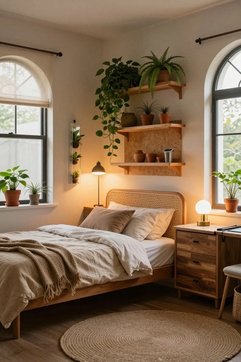 Cozy bedroom corner featuring a rattan headboard bed with beige linens, wooden shelves and cork racks filled with various potted plants around arched windows, warm lamp lighting, and a seagrass rug on hardwood floors.