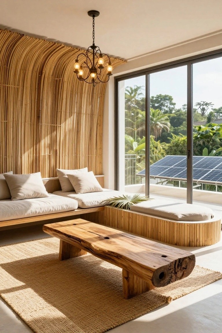 Modern living room interior with curved bamboo wall panels along one side, low live-edge wooden coffee table, white sofa and cushions, built-in bench, and large glass windows showing tropical trees and rooftop solar panels.
