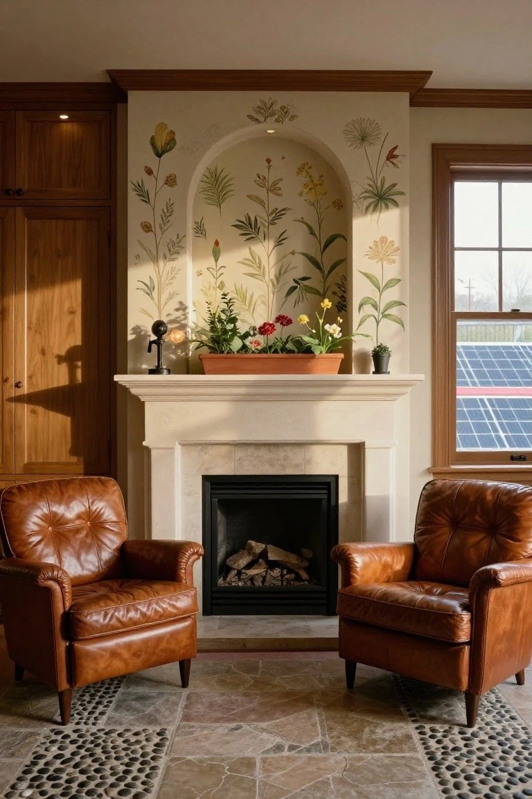 Living room with limestone fireplace, terracotta planter of red and pink flowers on mantel flanked by green plants, arched beige wall niche painted with botanical illustrations including ferns and yellow flowers, two tan leather armchairs, wooden cabinets to the left, and window showing solar panels to the right.