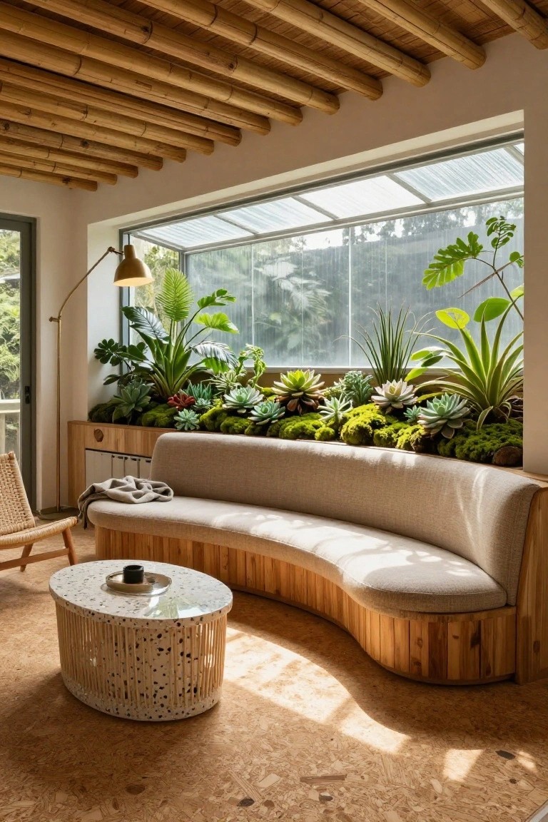 Living room with exposed bamboo beam ceiling, curved wooden sofa with beige cushions, rattan chair, speckled rattan coffee table, and built-in wooden planter filled with succulents moss and plants along a large window on cork flooring.