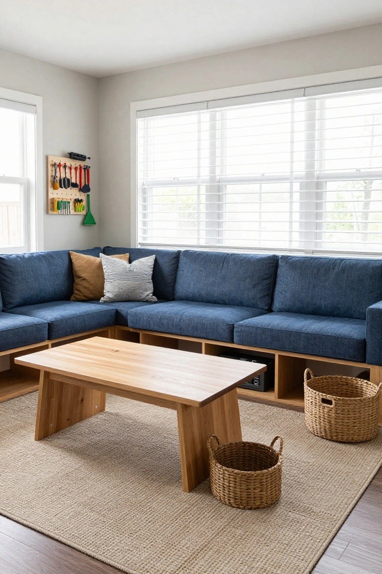 A cozy living room corner featuring a blue L-shaped sofa with wooden built-in storage shelves underneath, a low wooden coffee table, seagrass rug, and two wicker baskets nearby.
