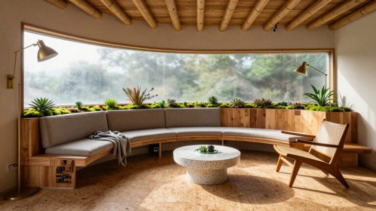 Living room with exposed bamboo beam ceiling, curved wooden sofa with beige cushions, rattan chair, speckled rattan coffee table, and built-in wooden planter filled with succulents moss and plants along a large window on cork flooring.