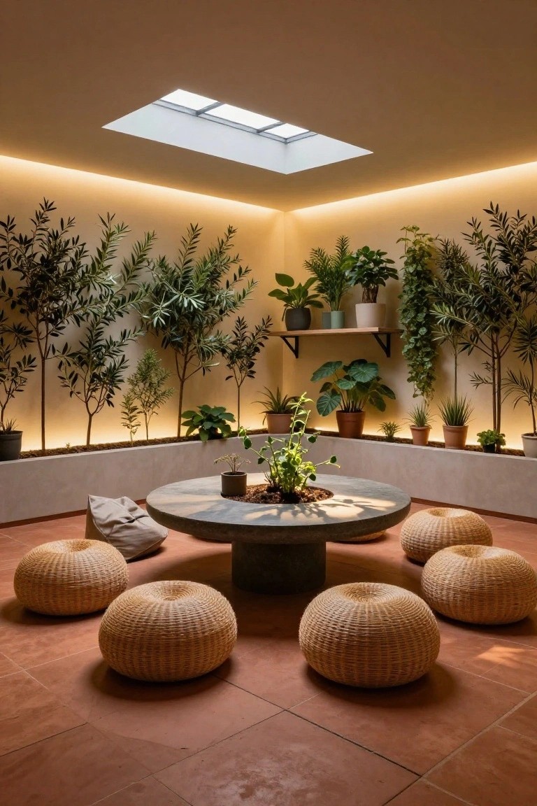 Indoor Plant Nook with Pouf Seating