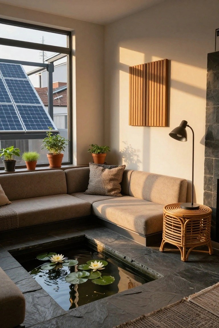 Modern living room featuring an L-shaped beige sofa, potted indoor plants, a square floor-embedded pond with white lily pads and green leaves, black slate flooring, a rattan side table, wood wall panels, and a large window showing solar panels outside.