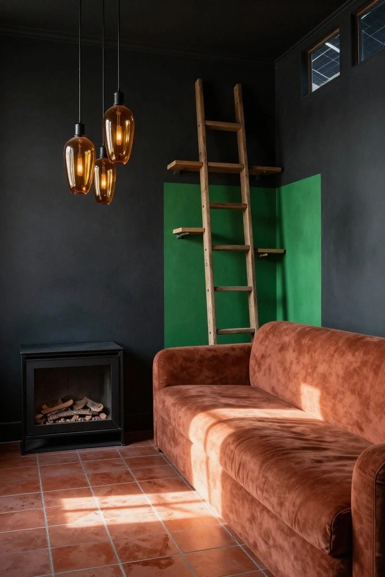 Living room corner featuring a rust-colored fabric sofa, black wood-burning fireplace, wooden ladder mounted as shelving against a green wall, three hanging amber pendant lights, dark painted walls, terracotta tile floor, and sunlight through windows showing solar panels outside.