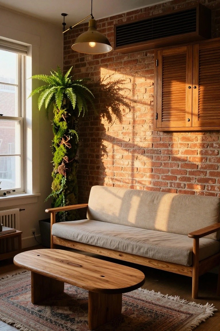 Living room with exposed brick wall featuring a tall vertical installation of moss, ferns, and plants next to a wooden-framed beige linen sofa, oval wooden coffee table, wooden cabinets above, pendant lamp, and Persian-style rug on wood floor.
