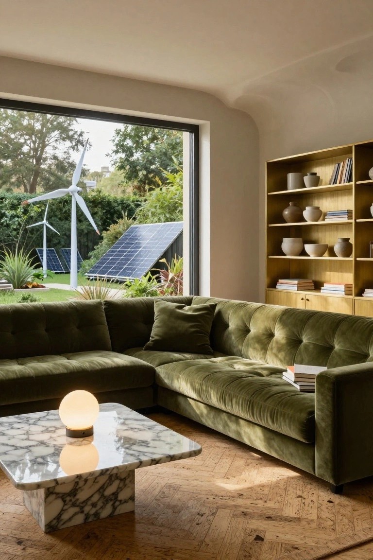 Modern living room interior featuring a green velvet L-shaped sofa, white marble pedestal coffee table with a glowing globe lamp, gold bookshelves filled with books and ceramics, parquet wood floor, and a large window revealing a backyard garden with solar panels, wind turbines, and plants.