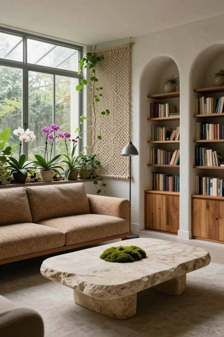 Living room with beige fabric sofa, large irregular travertine coffee table topped with moss, potted orchids and plants on wide windowsill overlooking greenery, arched walls with wood bookshelves and cabinets, macrame plant hanger, and floor lamp.