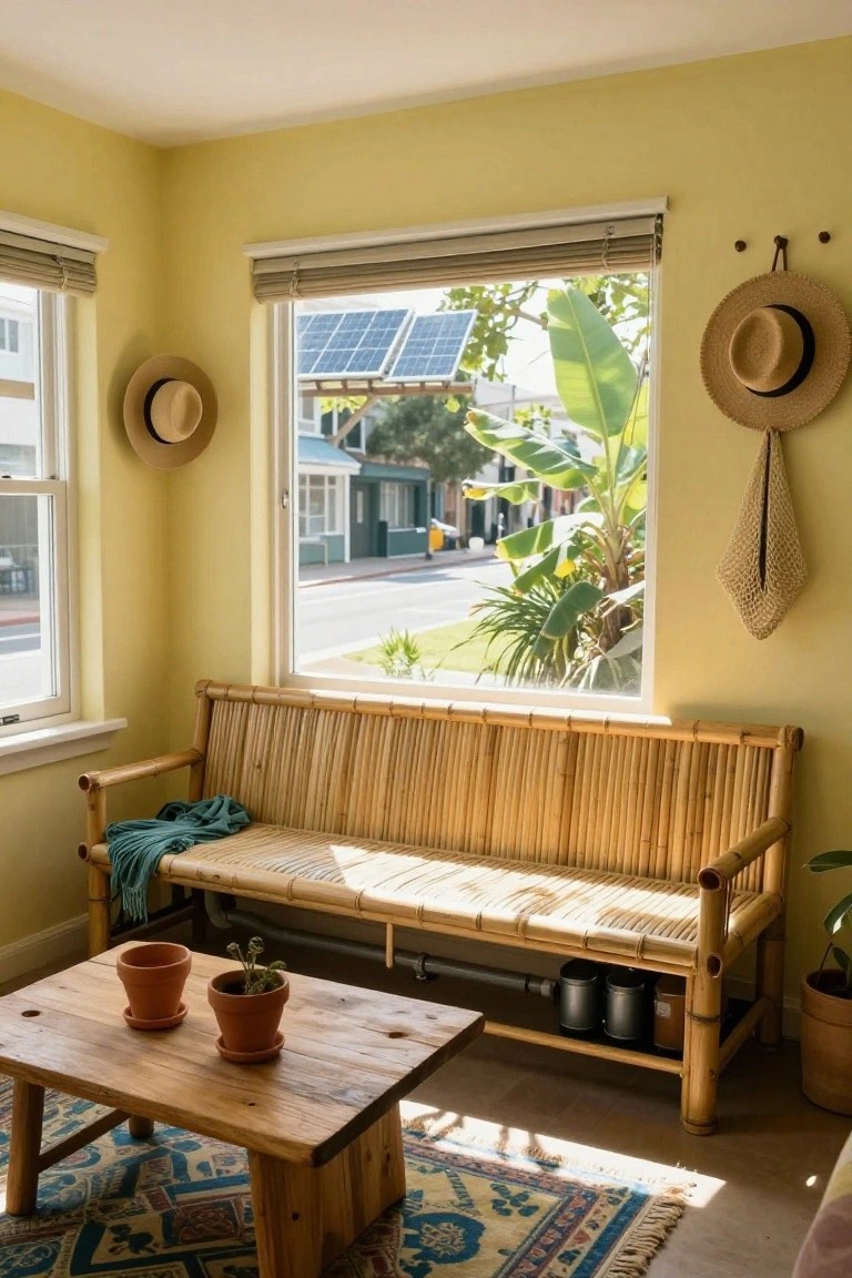 Sunlit pale yellow room with a long bamboo bench by large windows overlooking solar panels, banana plants, and a street, plus a low wooden table holding two terracotta pots with ferns and hanging straw hats on the wall.