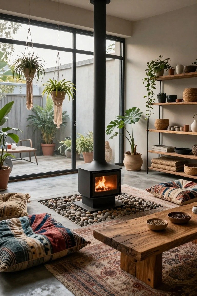 Modern living room featuring a black freestanding wood stove on a pebble bed, low colorful floor cushions, rustic wooden low table, numerous hanging and potted plants, wooden shelving with ceramics, and large glass doors to a plant-filled patio.