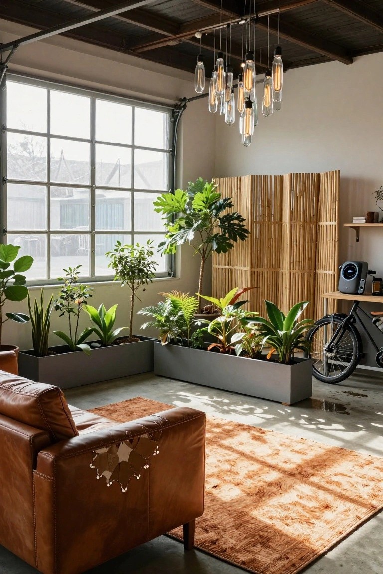 Interior of a converted industrial garage room with large windows, numerous potted plants in gray planters, a brown leather armchair on a rug, bamboo screens, pendant lights, a desk, speaker, and bicycle.