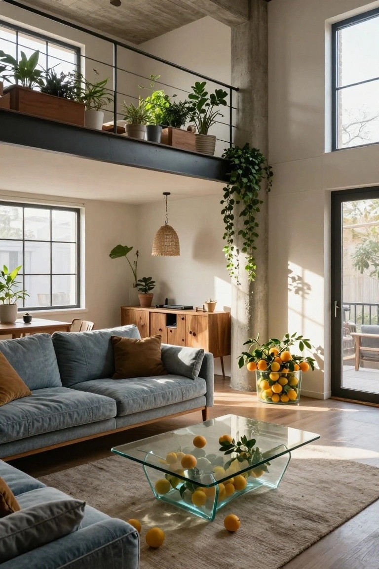Loft living room with blue velvet sofa, glass coffee table holding oranges, wooden sideboard, potted plants throughout, and a mezzanine balcony lined with numerous potted plants and trailing greenery above.
