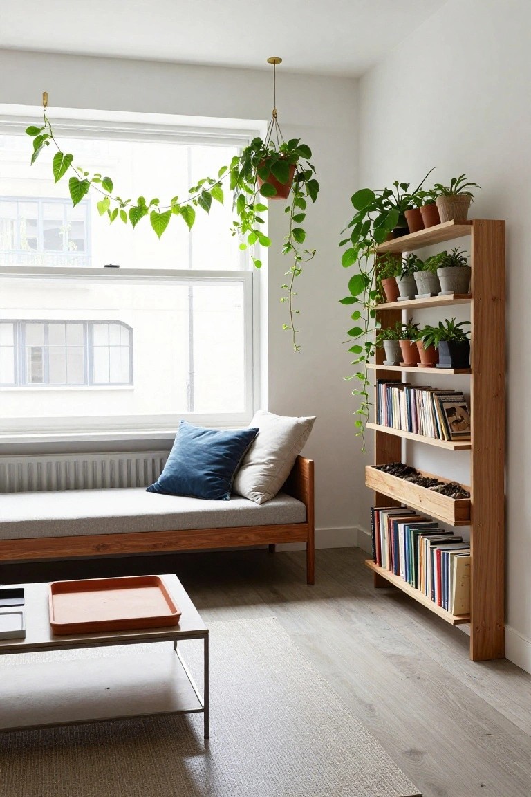 A bright living room with a tall wooden bookshelf against a white wall, filled with potted plants, trailing vines, books, and a bottom planter box with rocks, next to a gray daybed by a large window.