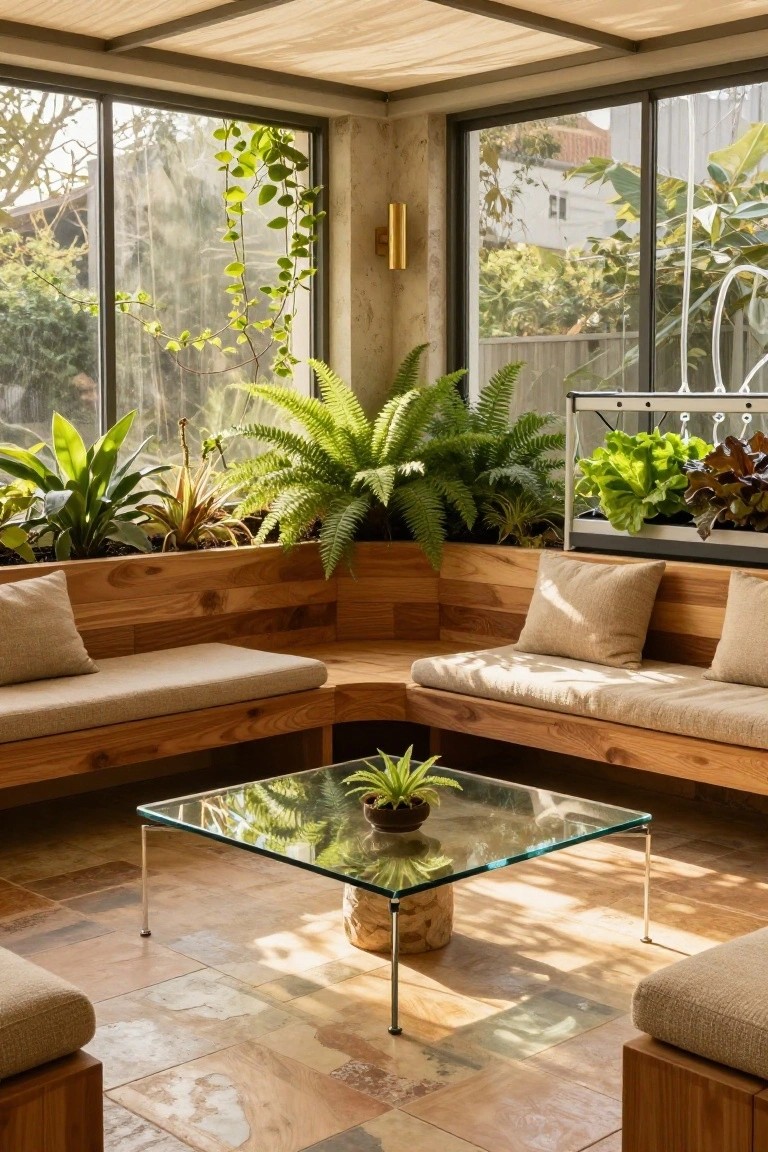 Sunlit corner seating area featuring L-shaped wooden built-in benches with integrated planters holding ferns, leafy greens, and other houseplants, a clear glass coffee table with a potted plant on a stone base in the center, large windows with outdoor greenery visible, and terracotta tiled floor.