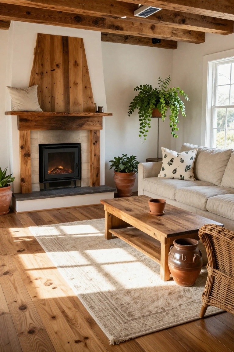 Living room with tall triangular wooden hood over a black-framed fireplace, exposed ceiling beams, beige sofa with patterned pillows, potted plants, wooden coffee table, terracotta pots, and wicker chair on light wood floors.