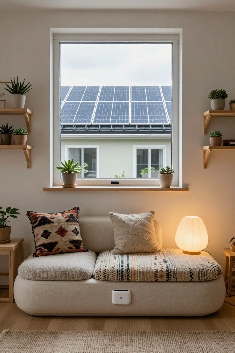 A beige low-profile sofa with cream cushions, patterned pillows, and a woven throw sits in a minimalist living room by a large window overlooking blue solar panels on a sloped roof, with multiple potted plants on wooden shelves and the windowsill.