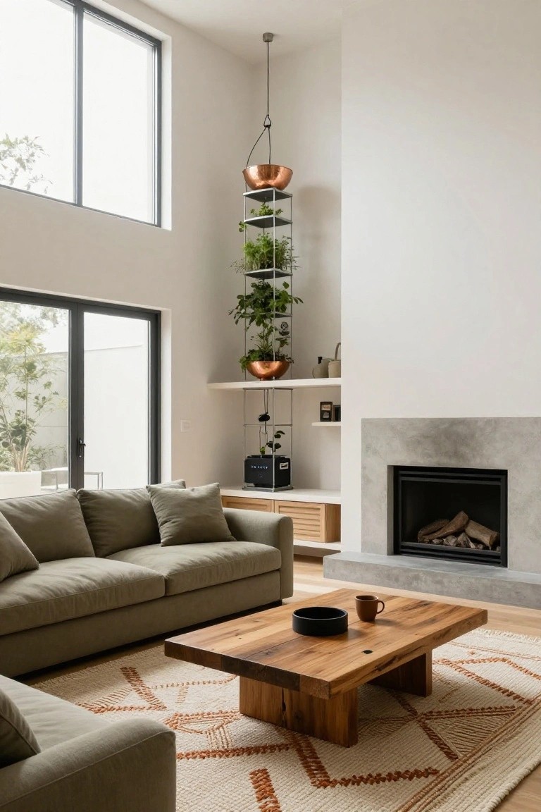 Modern living room featuring a sage green sofa, reclaimed wood coffee table, concrete fireplace, and a tall black metal tiered shelf with multiple potted plants ascending the wall beside large windows and glass doors.