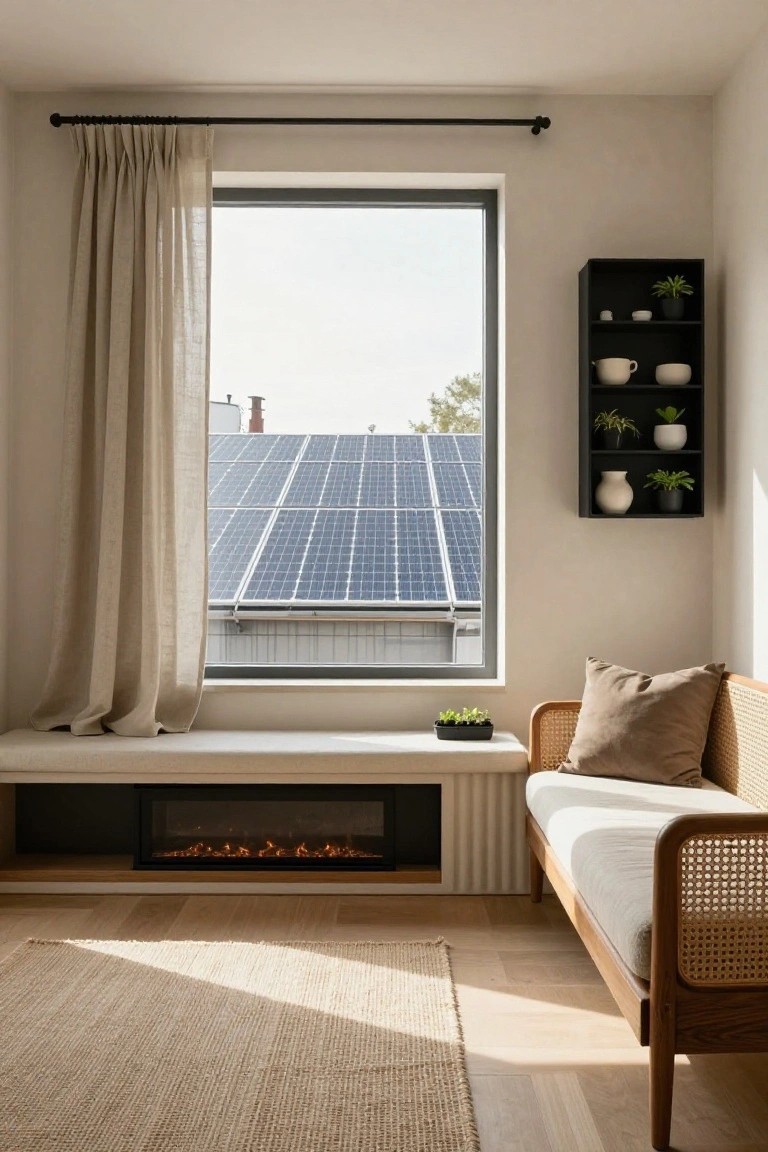 Modern living room interior featuring a built-in white bench and linear gas fireplace below a large window with sheer beige curtains partially drawn, revealing rooftop solar panels outside, a rattan daybed with cushions, wall shelves with plants and ceramics, neutral walls, light wood floors, and a beige rug.