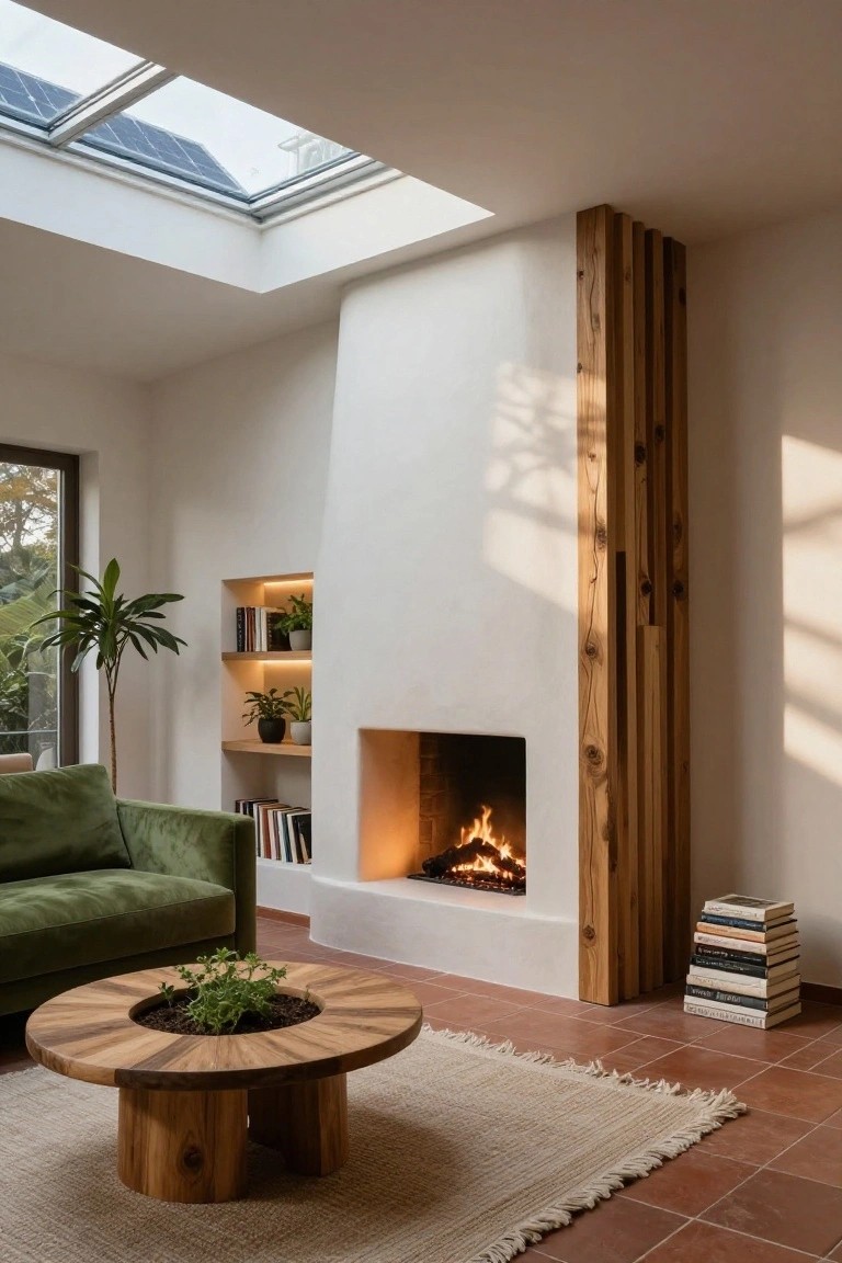 A living room with white plaster walls, vertical wood slats along one wall framing a lit fireplace and shelves holding books and plants, green velvet sofa, round wooden coffee table with a potted plant in the center, beige rug, terracotta floor tiles, large window with greenery outside, and solar panels visible in the overhead skylight.