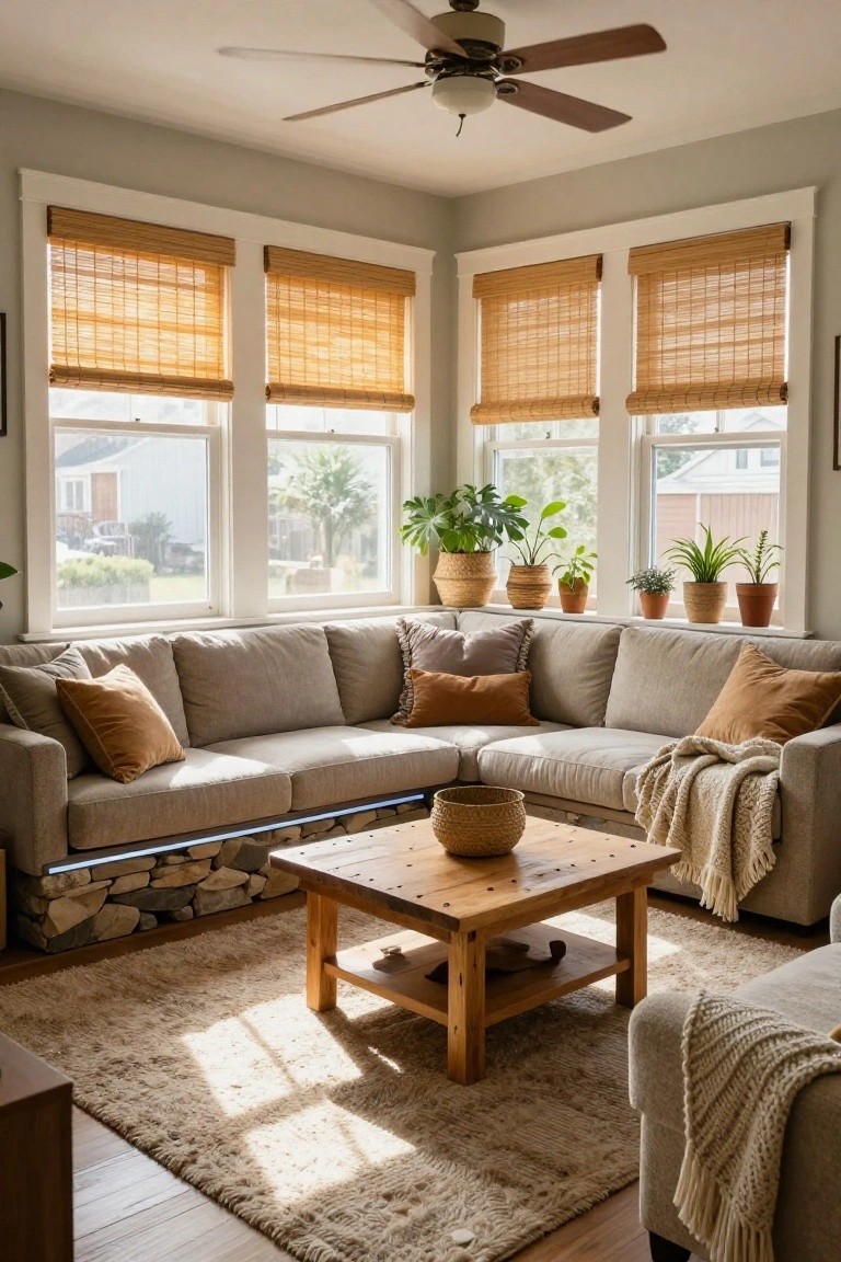 Sunlit corner of a living room featuring a light gray sectional sofa, wooden coffee table with woven baskets, bamboo shades on large double-hung windows with potted plants on sills, neutral rug, and stone base under the sofa.