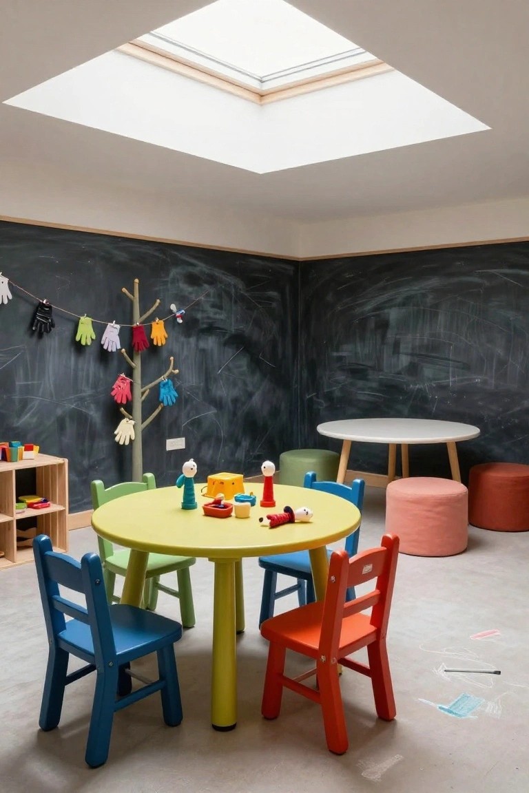 Children's playroom interior with a yellow round table, small colorful chairs, wooden toys and figures on the table, open wooden shelves with blocks, dark chalkboard walls with drawings and a branch hanger displaying assorted colorful gloves, plus poufs and a secondary white table.