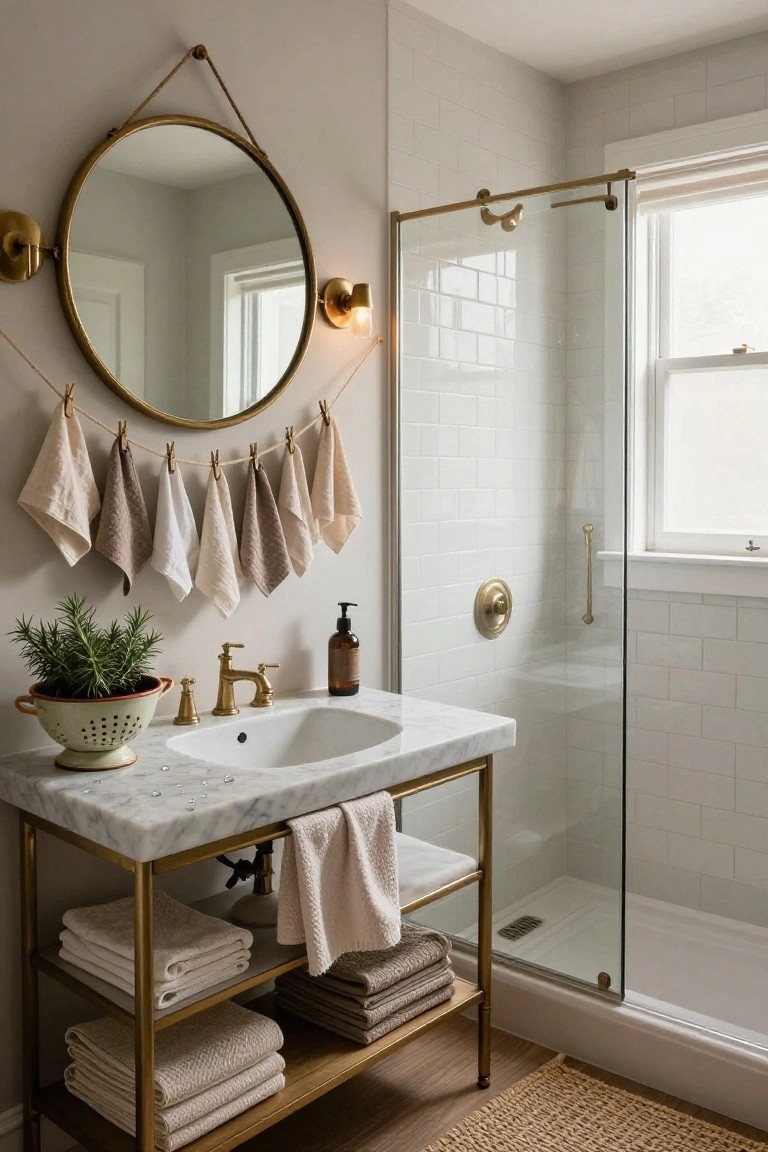 Bathroom with white subway tile shower, marble-top gold metal vanity holding a potted rosemary plant in a colander, round gold mirror hung by rope with beige towels clipped to ropes below, stacked towels on open shelves, and brass fixtures.
