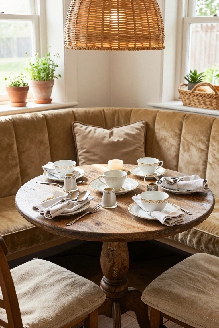 Beige tufted corner bench seating around a round wooden pedestal table set with white china teacups, saucers, gold-rimmed creamer, spoons, and linen napkins in a bright room with plants and rattan lamp.