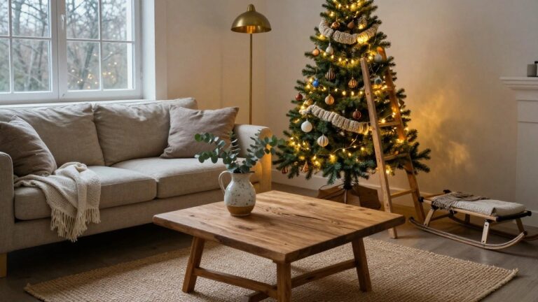 23 Upcycled Christmas Decor Ideas That Give Old Things New Life Cozy living room with a Christmas tree mounted on a wooden ladder strung with lights and ornaments, beige sofa, wooden coffee table, fireplace, and wooden sleds on the floor.