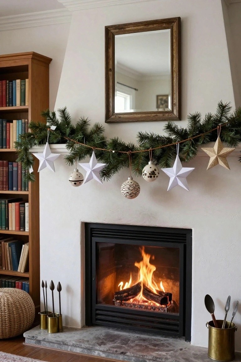 Cozy fireplace with glowing fire, garland, and white star ornaments.