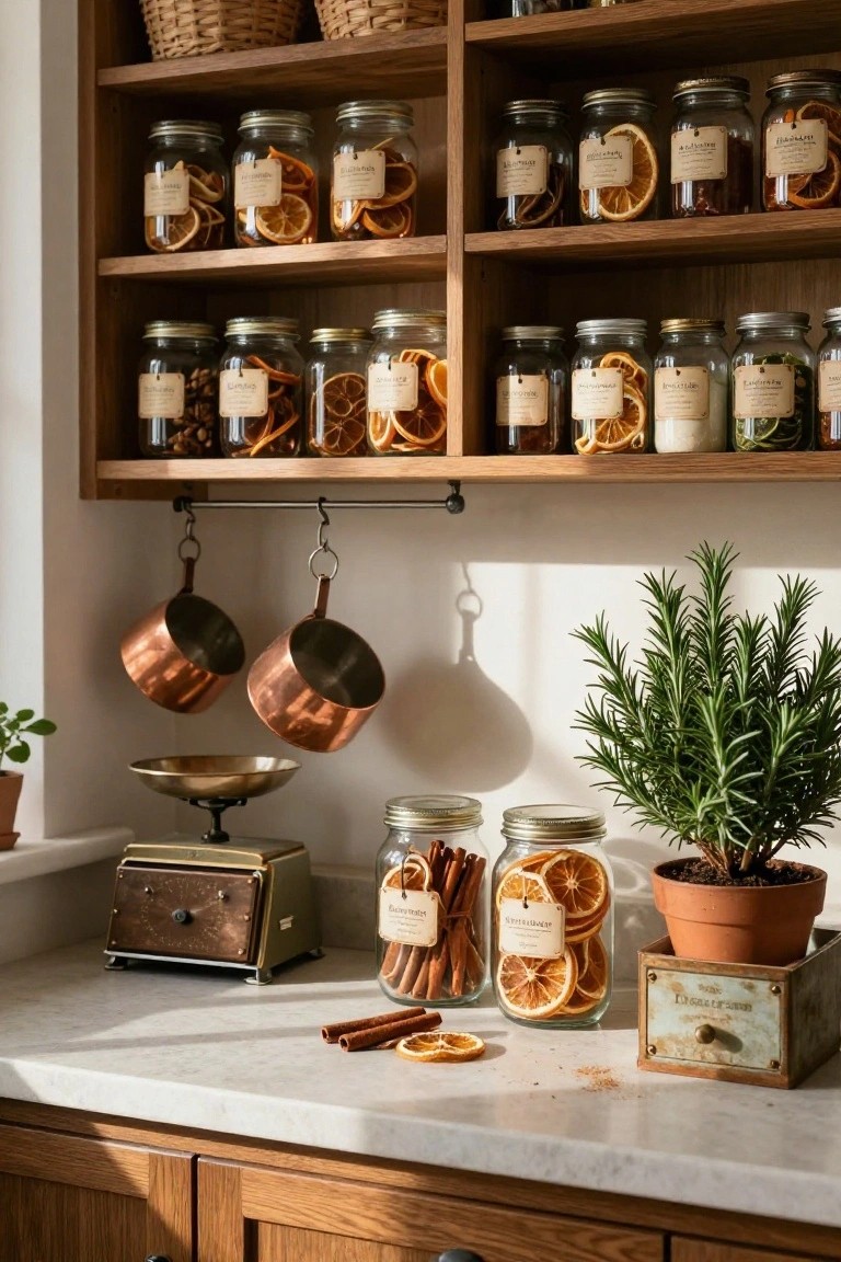 Wooden open shelves in a kitchen stocked with glass jars containing dried orange slices, nuts, herbs, and spices, plus hanging copper pots, a brass scale, cinnamon sticks on marble countertop, and potted rosemary plant.