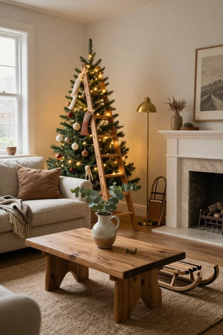 Cozy living room with a Christmas tree mounted on a wooden ladder strung with lights and ornaments, beige sofa, wooden coffee table, fireplace, and wooden sleds on the floor.
