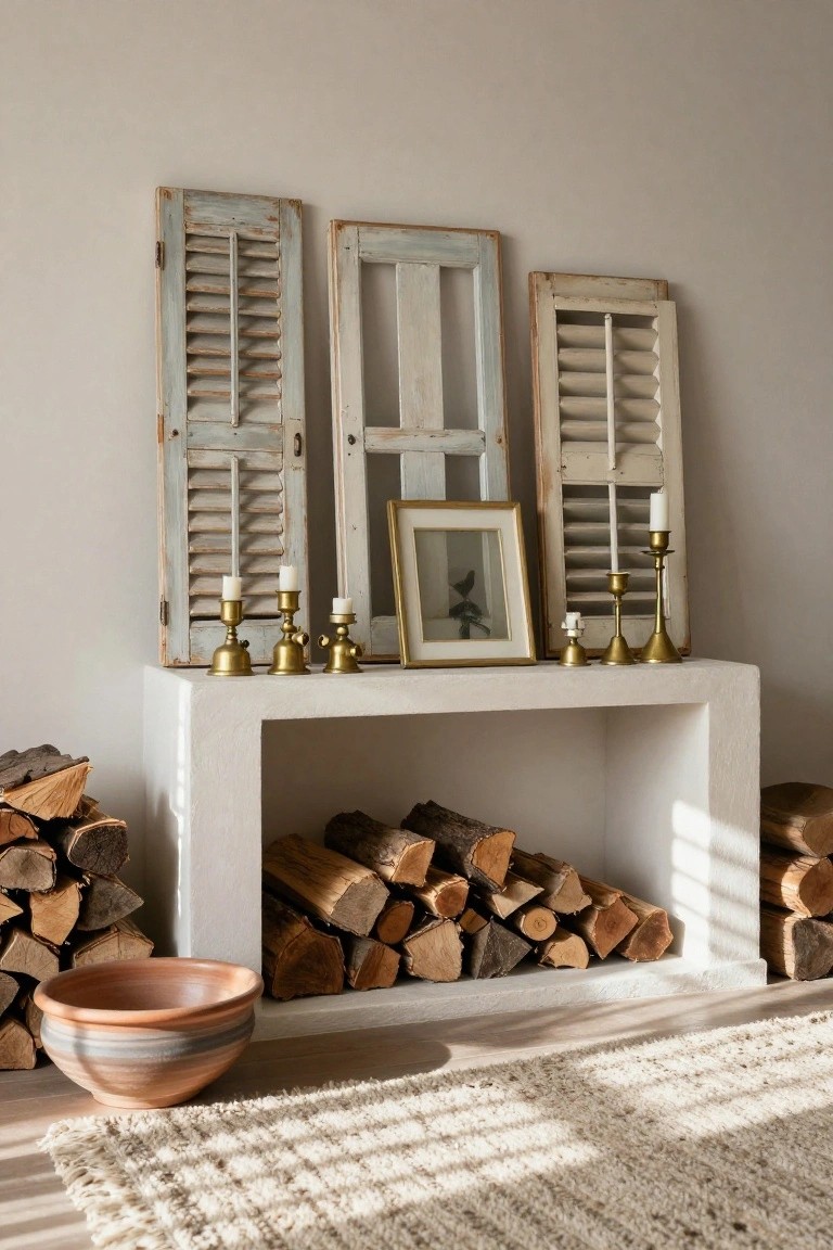 Beige wall with three aged wooden shutters leaning against it flanking a white recessed shelf stacked with firewood logs, topped with brass candlesticks holding white candles and a small gold frame, plus a terracotta bowl on the floor nearby and a cream shag rug.