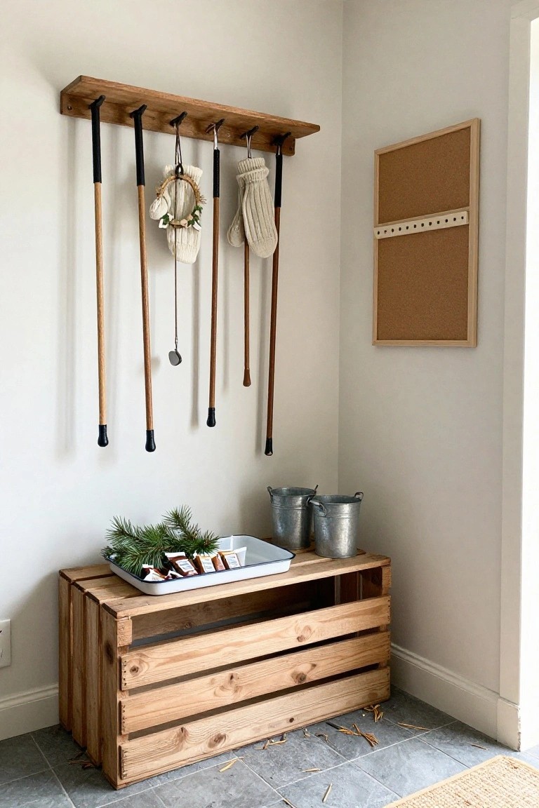 Corner entryway with wooden pallet crate bench topped by pine branches, galvanized buckets, and chocolate tray, next to wooden wall rack using broom handles as hooks for gloves, scarves, and wreath, and a corkboard.