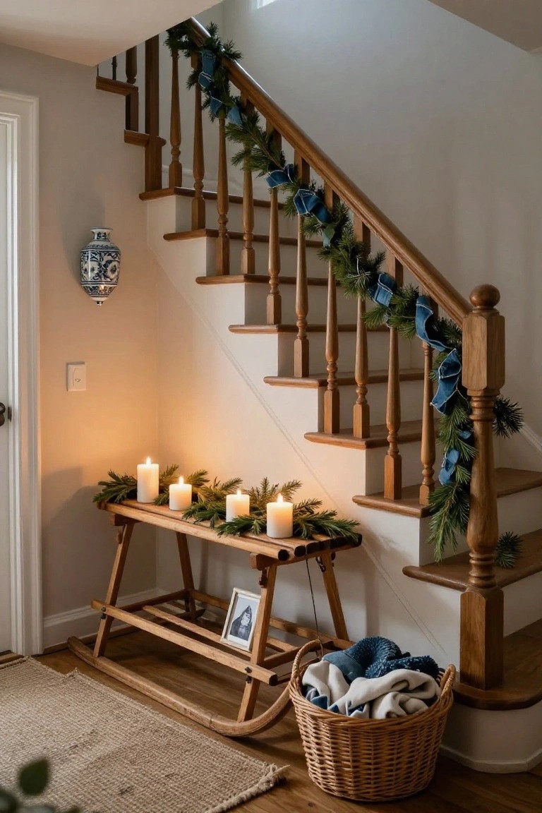 Wooden sled bench at base of staircase with lit pillar candles, evergreen branches, and framed photo on top, blue garland on railing, basket of blankets on floor.