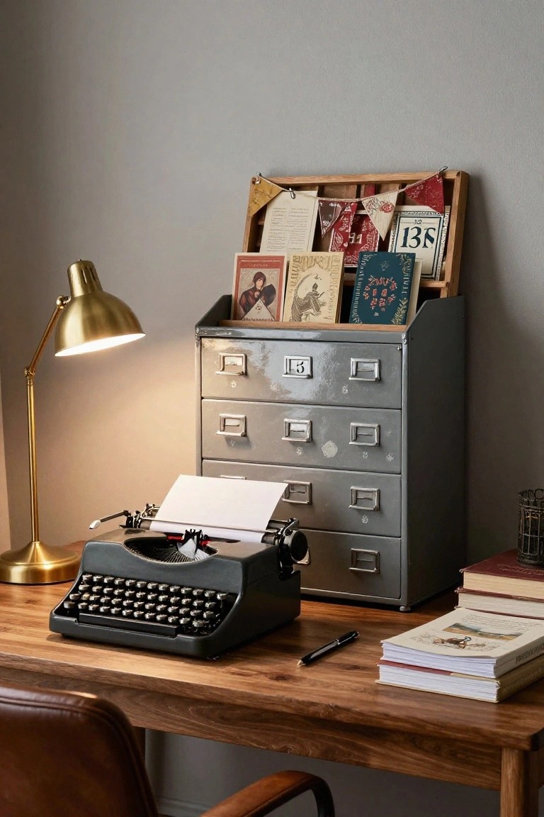 Gray four-drawer metal filing cabinet topped with wooden rack holding cards, bunting, and books next to wooden desk with black typewriter, gold lamp, pen, books, and leather chair in a room with light gray walls.