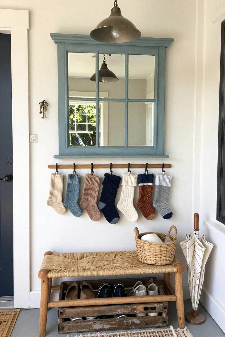 Rustic entryway with blue mirror, hanging socks, woven bench, and umbrella.