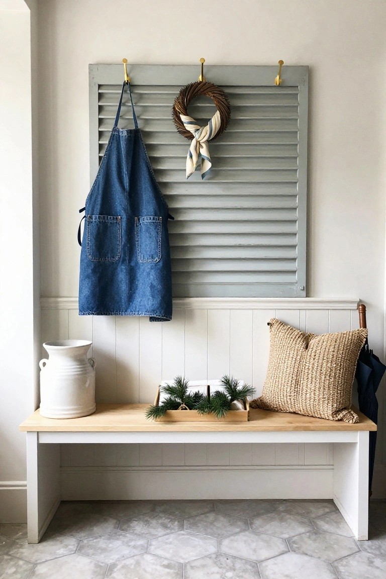 Denim apron hangs on gray shutter above white bench with woven pillow.