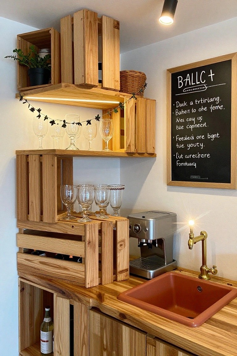 Corner indoor kitchen area with stacked light wooden crates forming open shelves holding wine glasses, bottles, plants, and baskets, above a wooden counter with red sink, espresso machine, brass faucet, and nearby chalkboard sign.