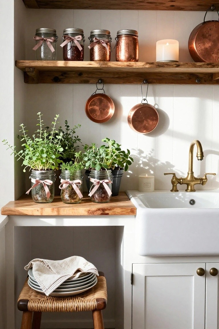 Kitchen corner with wooden shelves displaying mason jars planted with herbs and tied with pink ribbons, copper pots hanging above a white farmhouse sink, and stacked plates on a rattan stool.