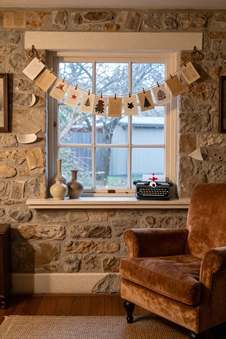 Stone-walled interior with a window sill holding three ceramic vases and a green typewriter with a red-ribboned paper, a garland of vintage book pages featuring Christmas tree cutouts strung on clothespins above the window, old papers on walls, and a brown velvet armchair in the corner.